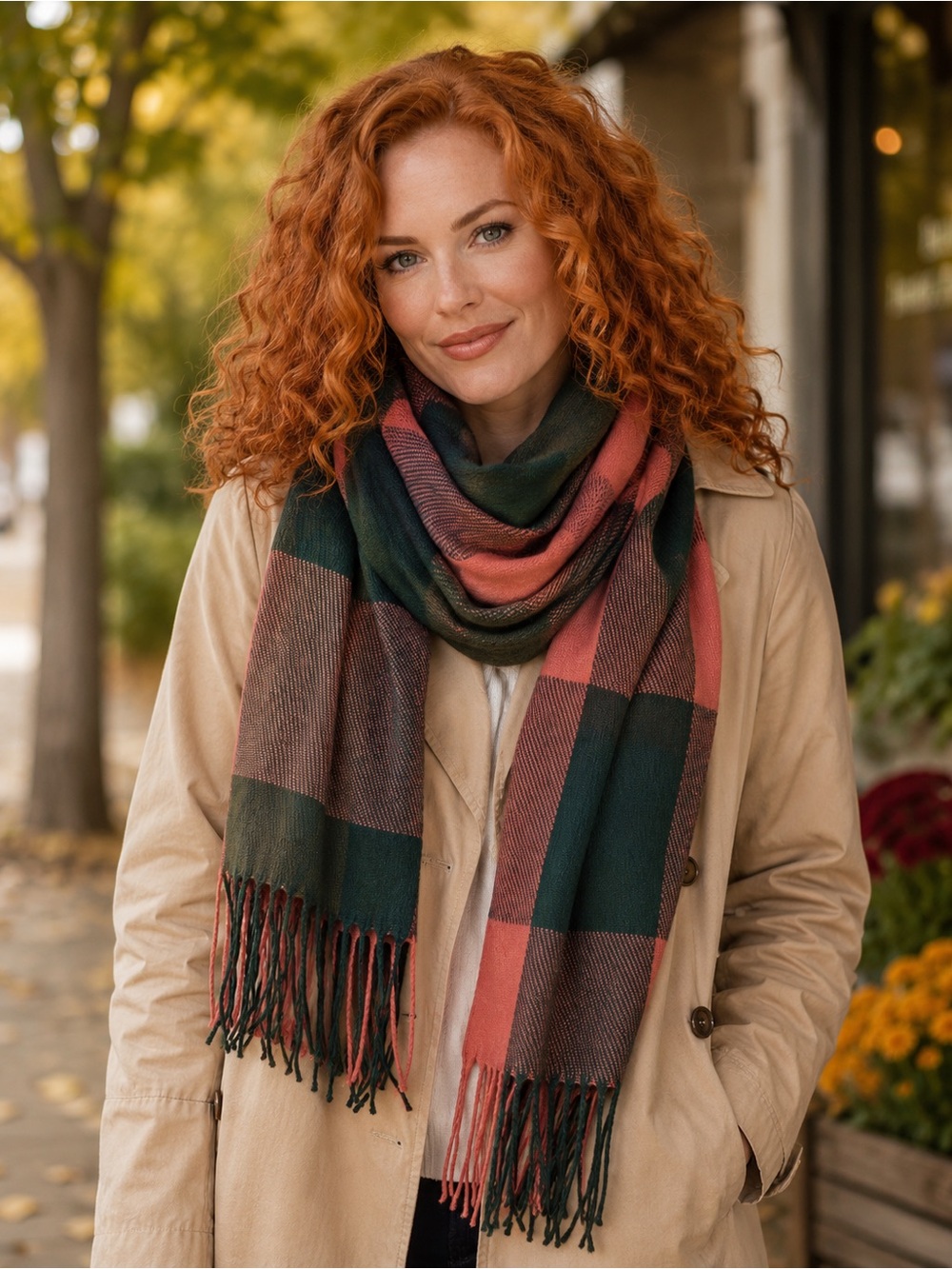 Plaid Fringe Wrap Scarf - Green & Coral